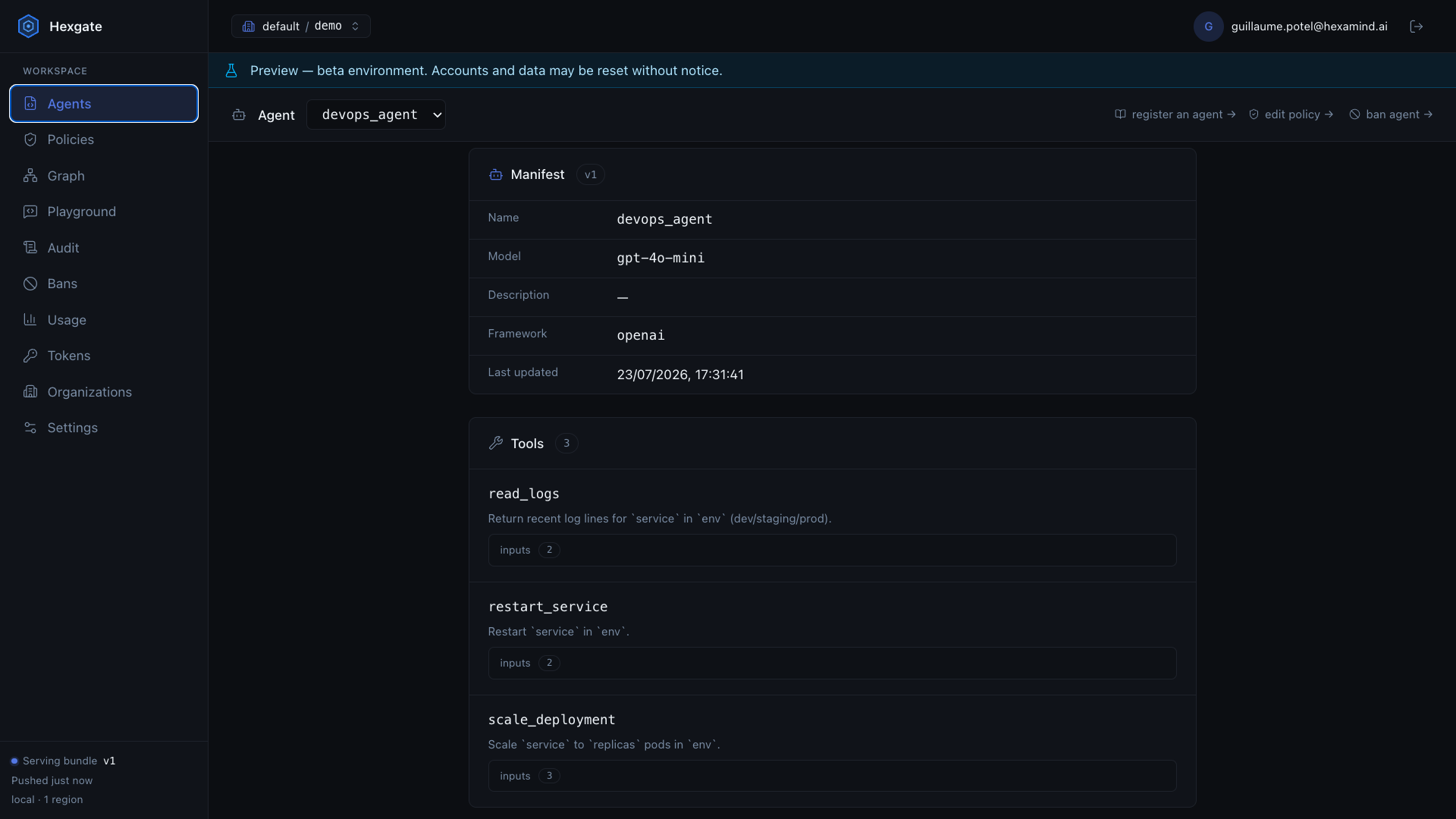 The Hexgate dashboard showing the registered devops_agent manifest and its three tools: read_logs, restart_service and scale_deployment