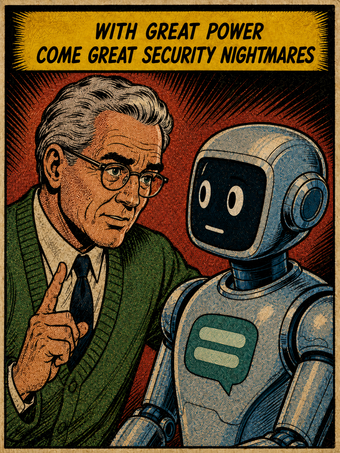 Comic-book panel: an older man in a green cardigan raises a finger at a friendly-looking robot under the banner “With great power come great security nightmares”.