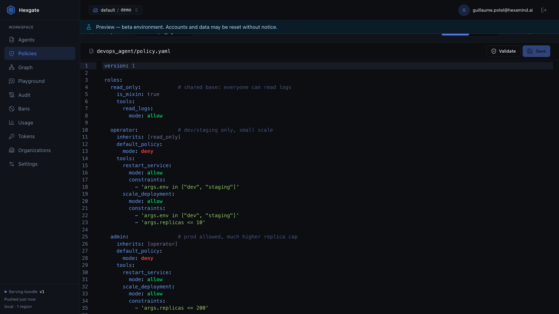 The Hexgate policy editor with devops_agent/policy.yaml open, defining the read_only, operator and admin roles